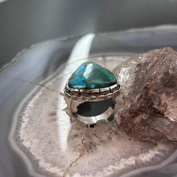 Sterling Southwestern Style Triangular Malachite Chrysocolla Ring S 9 For Women - Picture 5 of 10